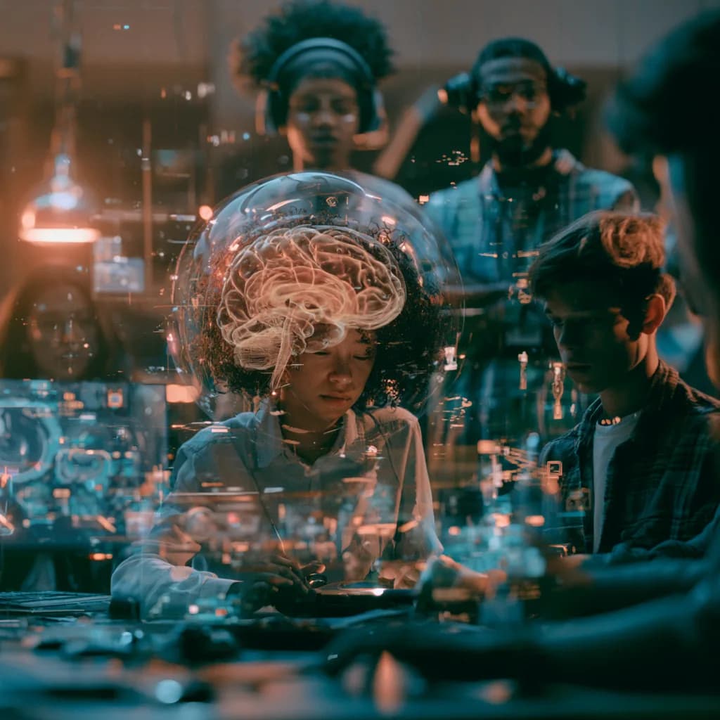 A learner sketches at a desk while glowing ideas take shape around her.