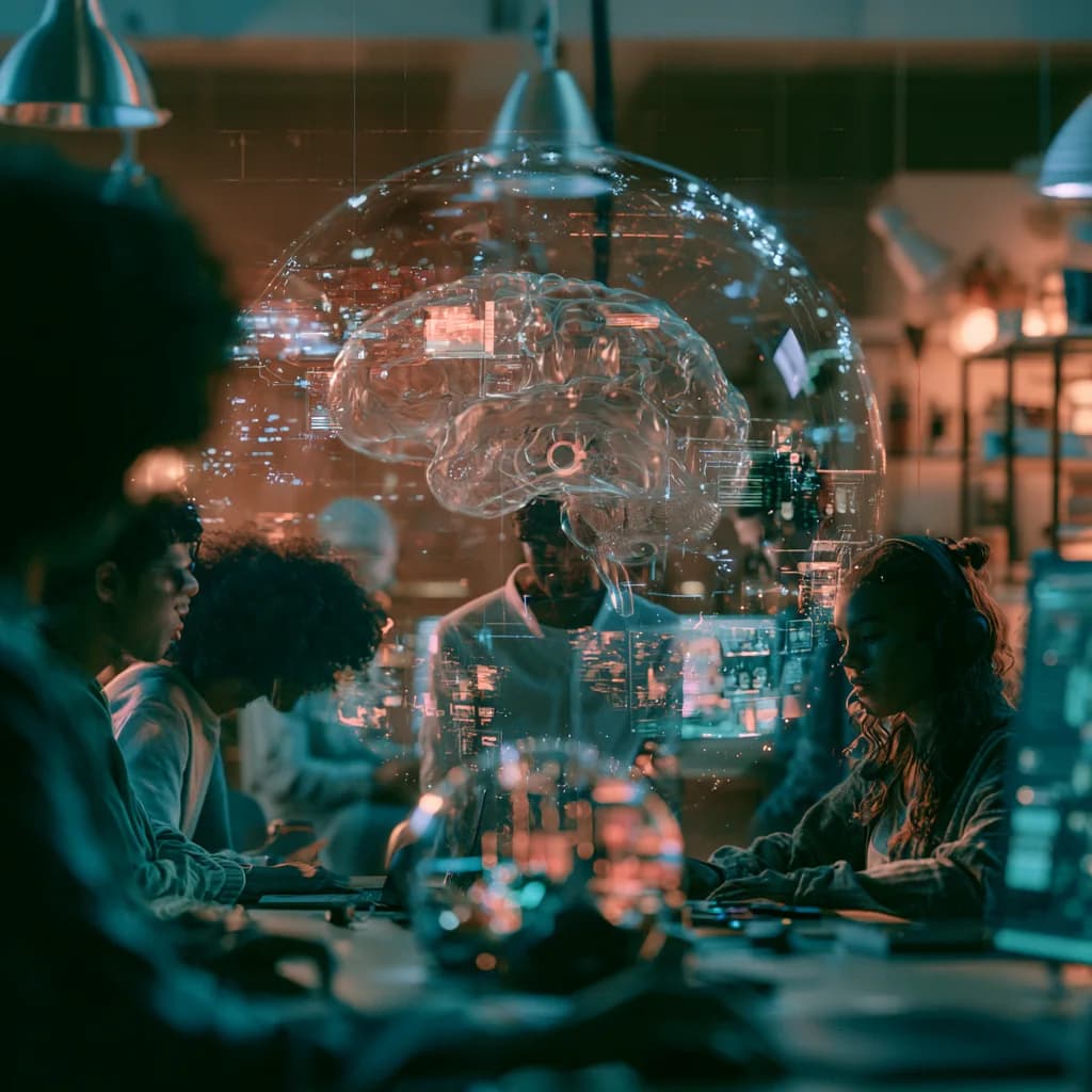 A team of young innovators works together beneath a holographic brain.