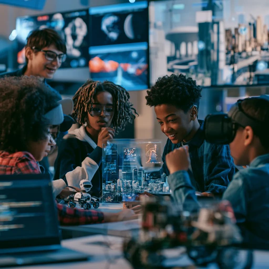 Learners gather around a holographic city model, one wearing a VR headset.